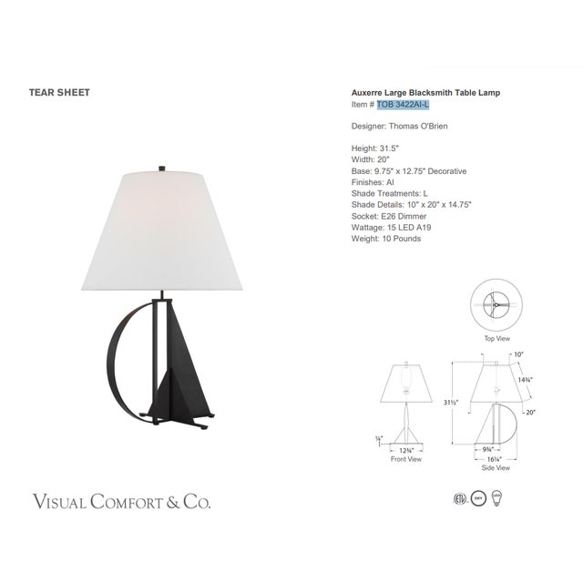 Thomas O'Brien by Visual Comfort Signature Auxerre Large Blacksmith Table Lamp in Aged Iron with Linen Shade Designer:...