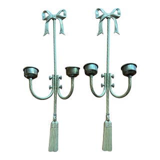 Pair of Vintage French Regency Solid Brass Double Arm Wall Sconces, 20” For Sale