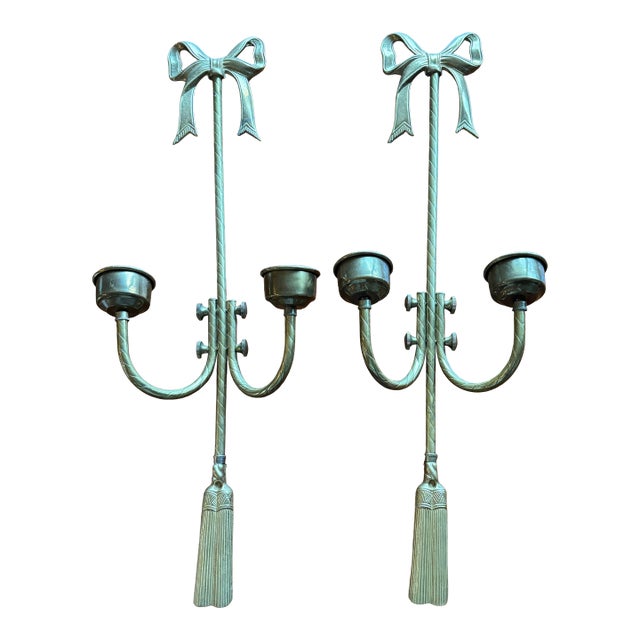 Pair of Vintage French Regency Solid Brass Double Arm Wall Sconces, 20” For Sale