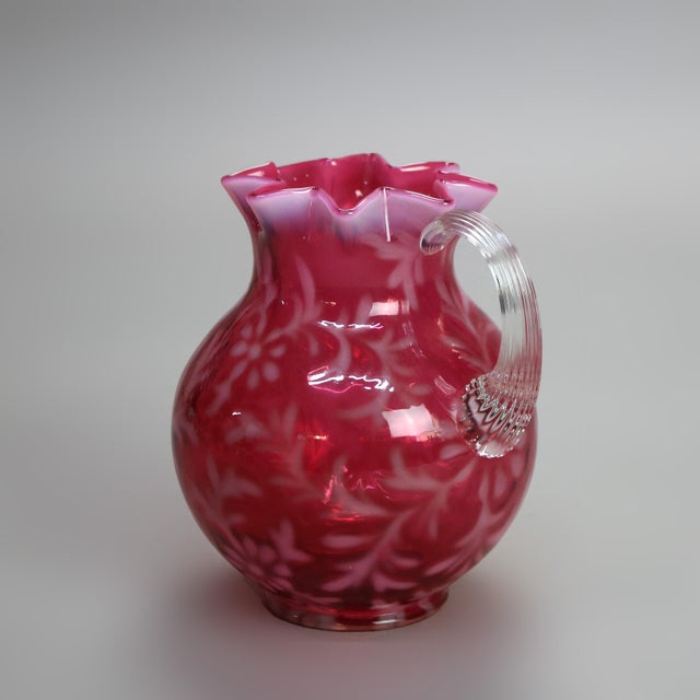 Early 20th Century Antique Victorian Cranberry and Opalescent Glass Pitcher with Ruffled Rim, Circa 1900 For Sale - Image 5 of 6