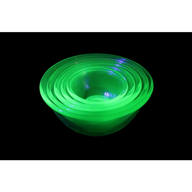 Beautiful set of five vintage Hazel Atlas uranium glass nesting bowls. Made during the Depression-era, these translucent...