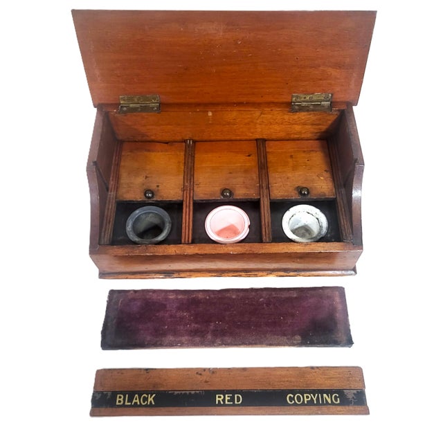 English 19th C Mahogany & Reverse Painted Glass 3 Jar Desk Inkwell For Sale - Image 12 of 16