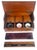 English 19th C Mahogany & Reverse Painted Glass 3 Jar Desk Inkwell For Sale - Image 12 of 16