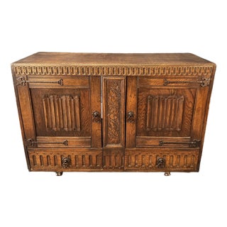 Antique Carved Oak Buffet With Metal Hardware For Sale