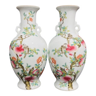 Pair of Vintage Famille Rose Porcelain Vases With Pomegranate and Bird Motif For Sale