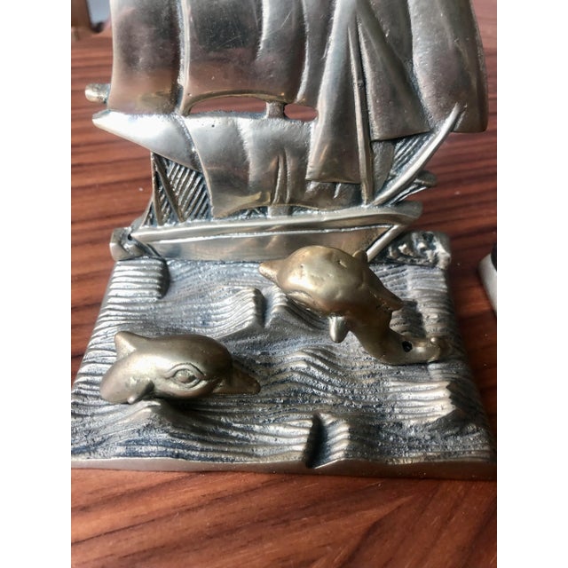 Metal 1960s Early Sailing Ship Bookends in Brass-A Pair For Sale - Image 7 of 10