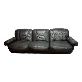 Postmodern Space Age Italian Black Leather 3-Seat Lounge Sofa with Brass Buttons and Cord Lacing, Germany, 1970s For Sale
