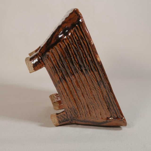 Handbuilt Ceramic Vessel With Square Form on Raised Feet With Carved Linear Texture For Sale - Image 9 of 14