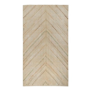 1960s Vintage Art Deco Rug in Beige-Brown, Green and White Chevron Pattern For Sale