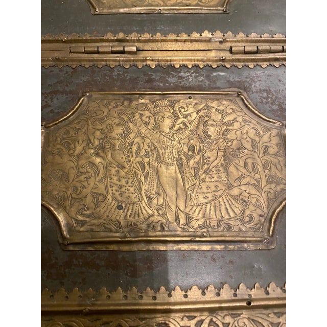 Wood Antique Anglo Indian Brass Engraved Chest For Sale - Image 7 of 13