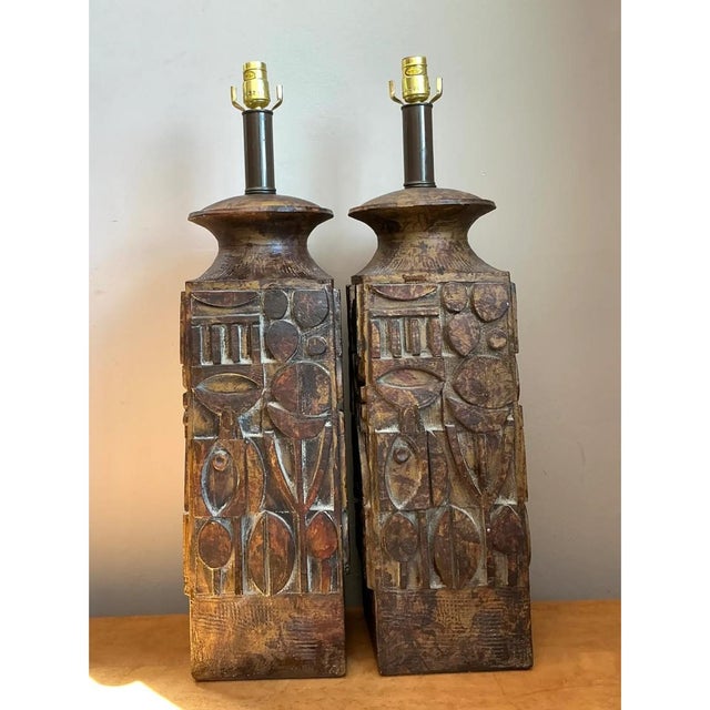 Coffee Vintage Abstract Carved Ceramic Lamps - A Pair For Sale - Image 8 of 13