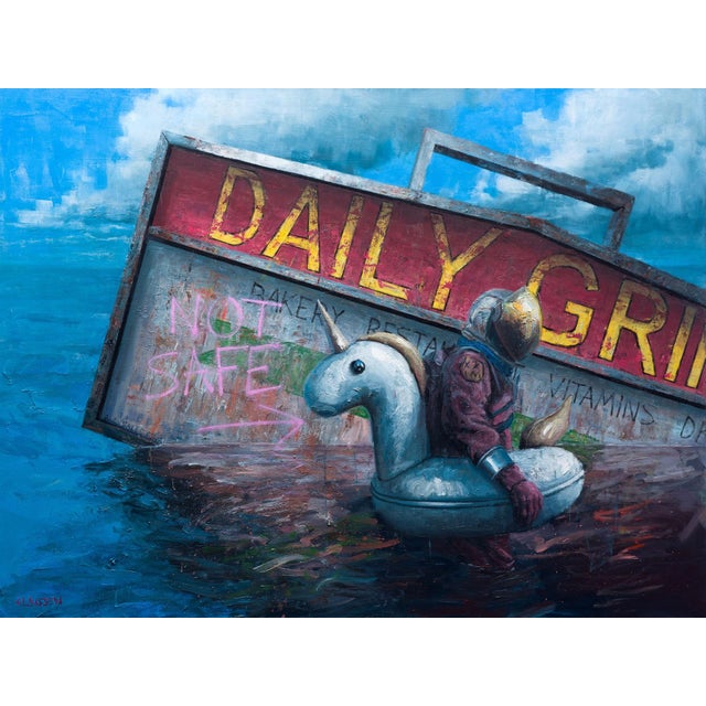 Uniqueness Is a Risky Business by Andreas Claussen | Oil on canvas Surreal scene of a figure on a unicorn float. For Sale