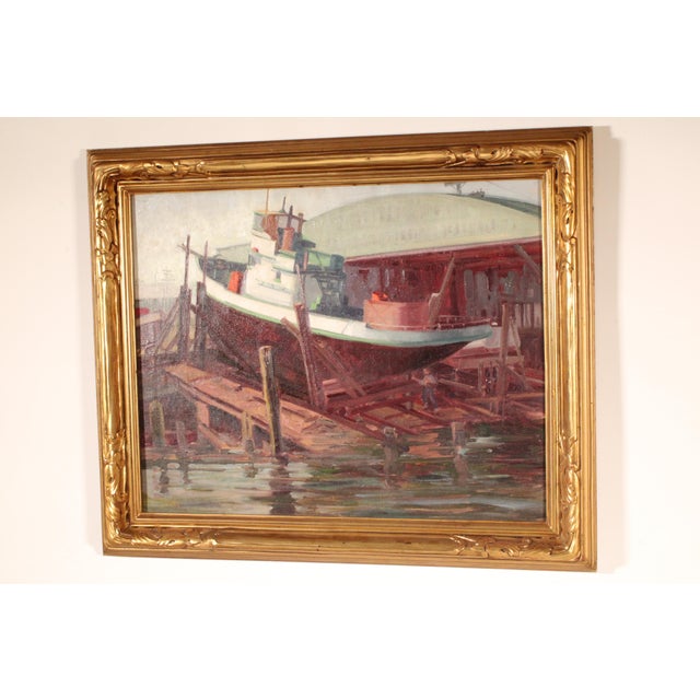 Impressionist Painting of a Boat in Dry Dock by Sam Hyde Harris (1889-1977) For Sale - Image 3 of 13