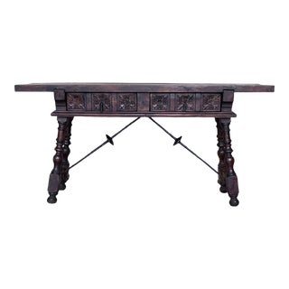 19th Spanish Console Table With Two Carved Drawers and Original Hardware For Sale