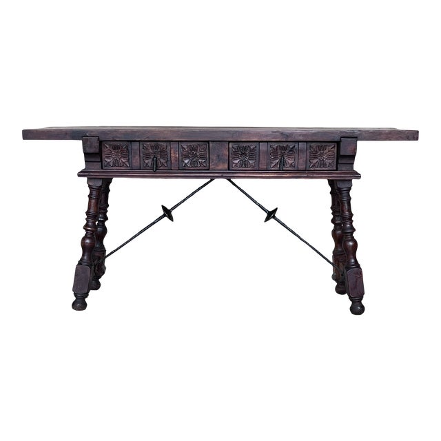 19th Spanish Console Table With Two Carved Drawers and Original Hardware For Sale