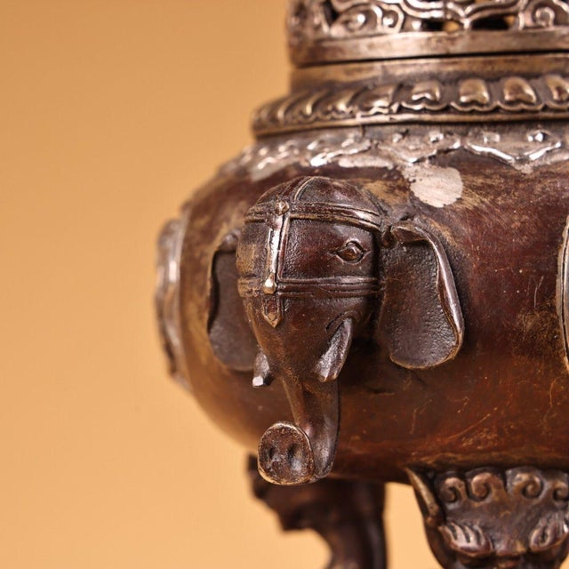 Bronze Chinese Bronze Tripod Censer With Mythical Beast Lid, Temple Size For Sale - Image 8 of 9