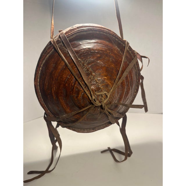 Antique Ethiopian Agelgil Woven Rattan & Leather Covered Basket 10" Diameter For Sale - Image 4 of 11