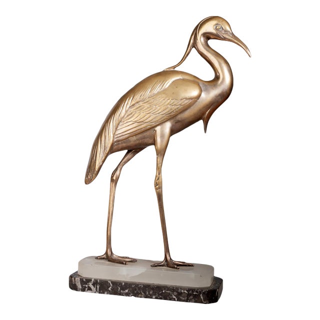 Early 20th Century Art Déco Spelter Egret Sculpture With Marble and Alabaster Base Signed by Julcame Reg, France For Sale
