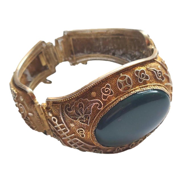 Vintage Chinese Export Filigree Gilded Silver Bracelet With Bloodstone Cabochon For Sale