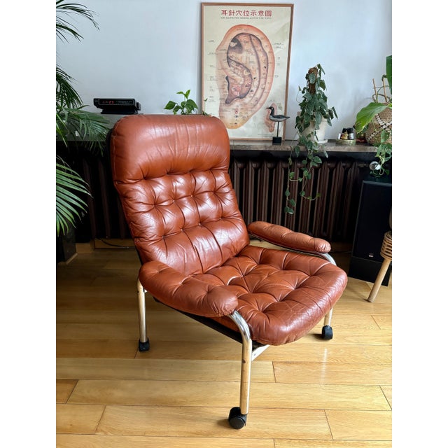 Leather Lounge Chair on Wheels, Sweden, 1970s For Sale - Image 12 of 12