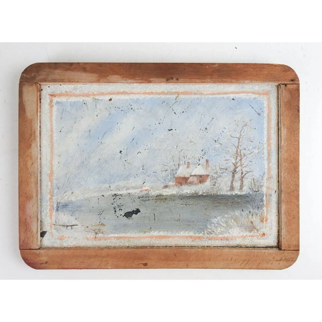 Cabin Antique Folk Art Lakeside Cabin Winter School Slate Painting For Sale - Image 3 of 3