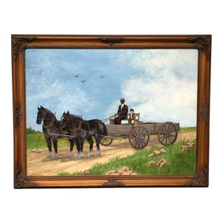 American Folk Art Horse & Wagon Oil Painting With African American Figure, Signed A. Sims, 2000 For Sale