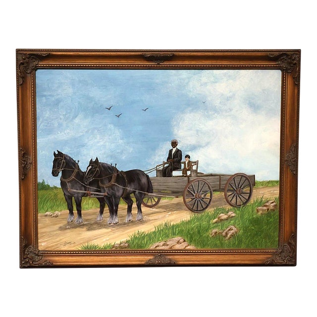 American Folk Art Horse & Wagon Oil Painting With African American Figure, Signed A. Sims, 2000 For Sale
