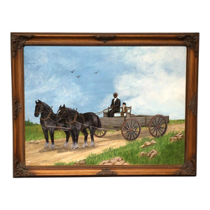 American Folk Art Horse & Wagon Oil Painting With African American Figure, Signed A. Sims, 2000
