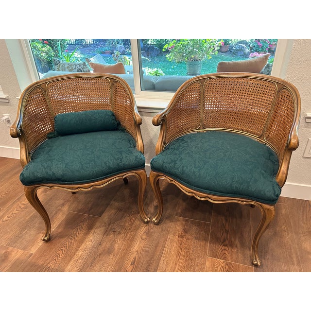 Beautiful pair of high-quality vintage armchairs by Karges Furniture Company of Evansville, Indiana — a renowned American...