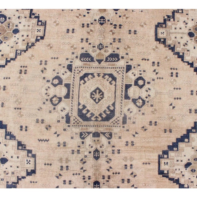 Vintage Turkish Oushak Rug Featuring Soft Beige Field With Navy Tribal Design For Sale In Atlanta - Image 6 of 9