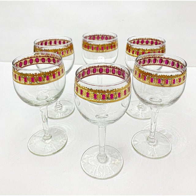 Metal Vintage 1950s, Culver, Mid Century Hollywood Regency Stemware Footed Wine Glass With Gold Band, Set 6 Pieces For Sale - Image 7 of 8