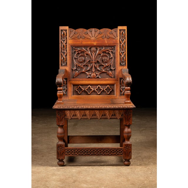 Gothic Late 19th-Century Gothic Revival Carved Wood Wainscot Armchair For Sale - Image 3 of 12