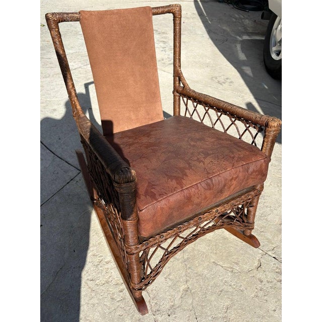 1930s 1930s Bar Harbor Wicker Rocking Chair W/ Leather Seat Cushion and Backing For Sale - Image 5 of 7