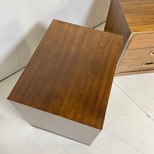 Drexel Pair of Campaign Style End Tables / Night Stands by Drexel Circa 1960s For Sale - Image 4 of 9
