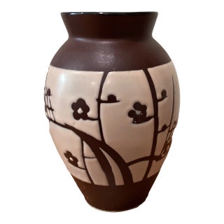 Late 20th Century Cherry Blossom Brown and Cream Color Carved Ceramic Floral Design Vase For Sale