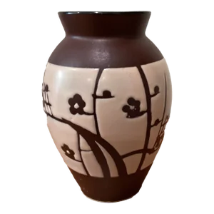 Late 20th Century Cherry Blossom Brown and Cream Color Carved Ceramic Floral Design Vase
