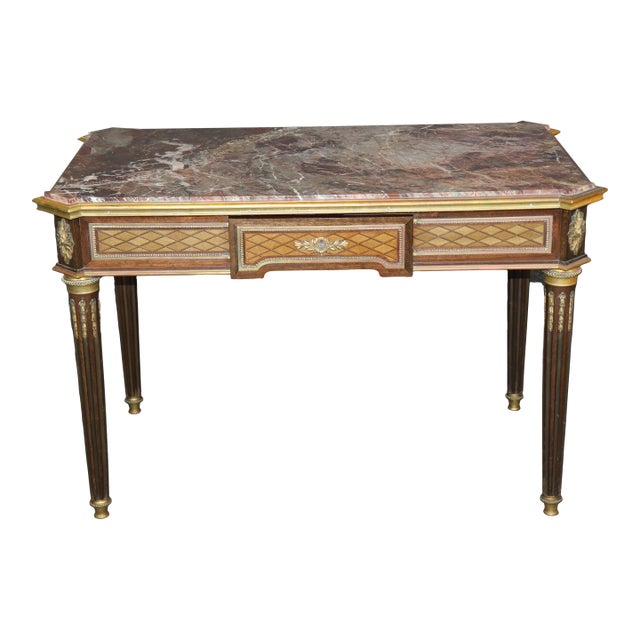 19th C French Louis XVI Child's Bronze Ormolu Marble Parquetry Desk For Sale