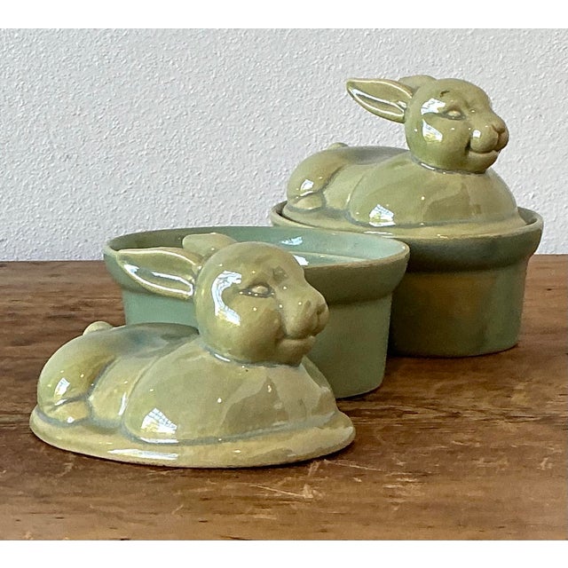 French Country Vintage Boho Petite Bunny Lidded Casserole Dishes - A Pair For Sale - Image 3 of 12