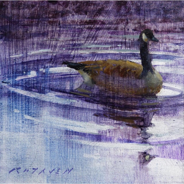 In "Concentric," a solitary goose glides across a shimmering surface, surrounded by gentle ripples that create a...