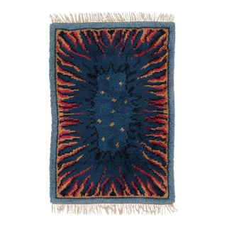 Vintage Swedish Rya Rug With Indigo and Orange Abstract Pattern - Rug & Kilim For Sale