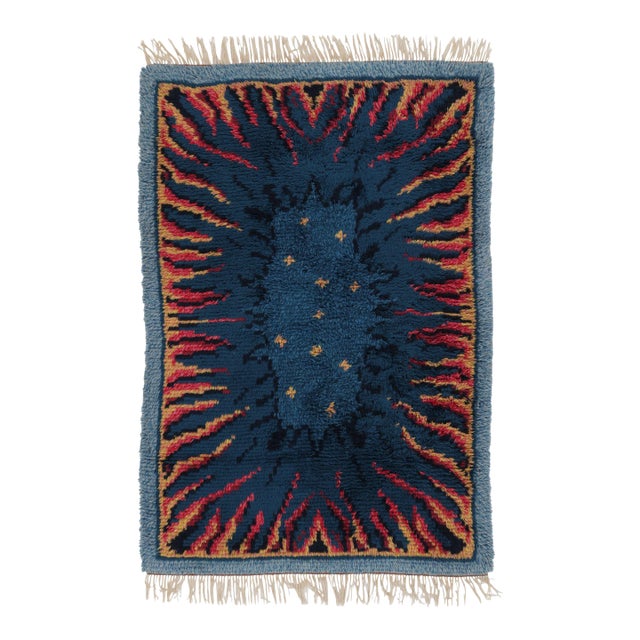 Vintage Swedish Rya Rug With Indigo and Orange Abstract Pattern - Rug & Kilim For Sale