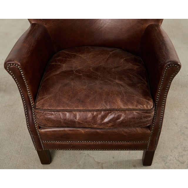 French Art Deco Style Cigar Leather Wing Back Club Chair For Sale - Image 12 of 17