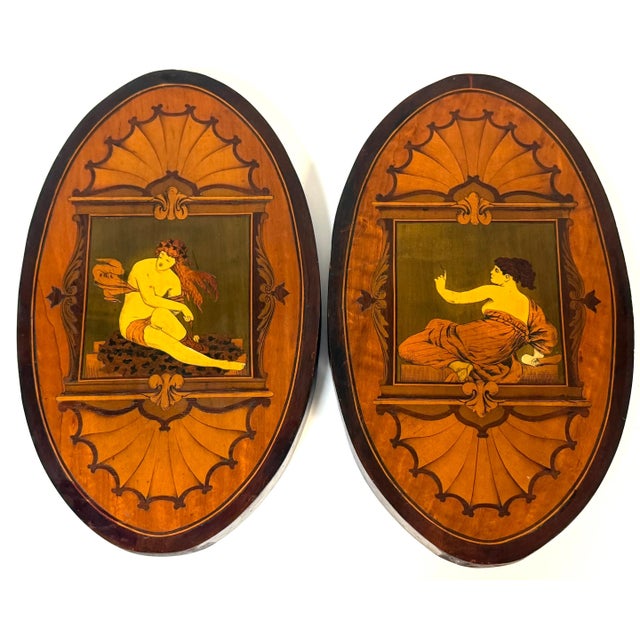 Pair 19th C. English Aesthetic Movement /Pre-Raphaelite Marquetry Muse Plaques For Sale - Image 15 of 17