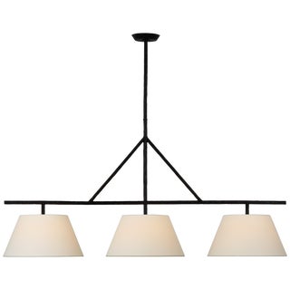 Suzanne Kasler for Visual Comfort Signature Collette Large Linear Pendant in Aged Iron with Linen Shade For Sale
