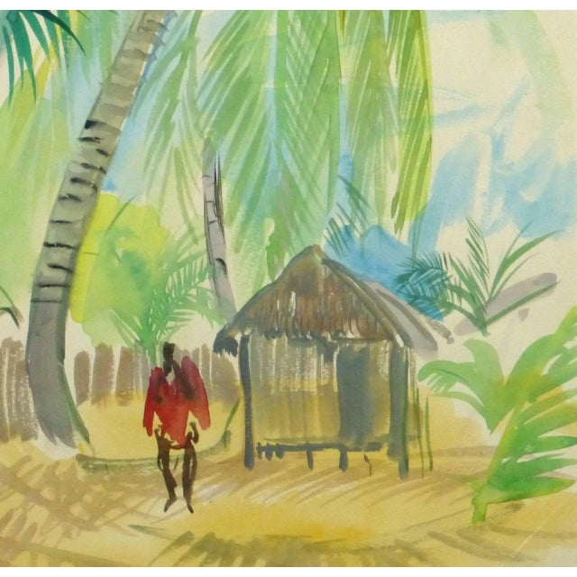 Mid-Century Modern Stephane Magnard, French Watercolor - Tropical Village For Sale - Image 3 of 5