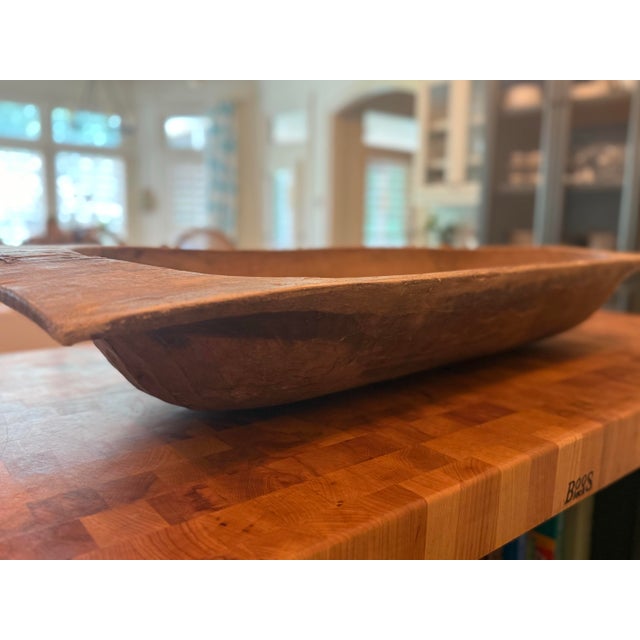 Late 19th Century Antique Hand-Carved Primitive Wooden Dough Bowl With Early Wire Repairs – 42” For Sale - Image 5 of 8