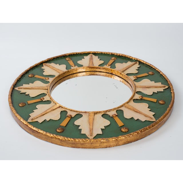 French 1950s Spanish Painted & Gold Gilt Wood Round Wall Mirror For Sale - Image 3 of 11