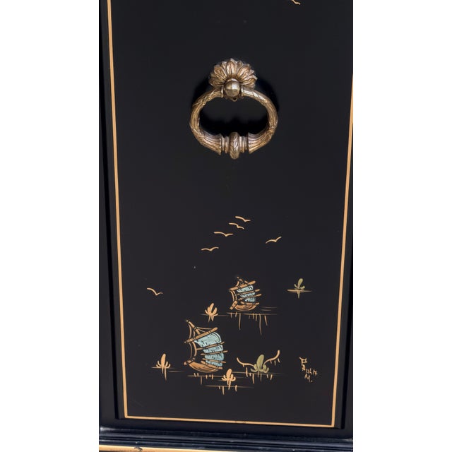 Black Black Lacquered Chinoiserie Handpainted Demi Lune Cabinet For Sale - Image 8 of 12