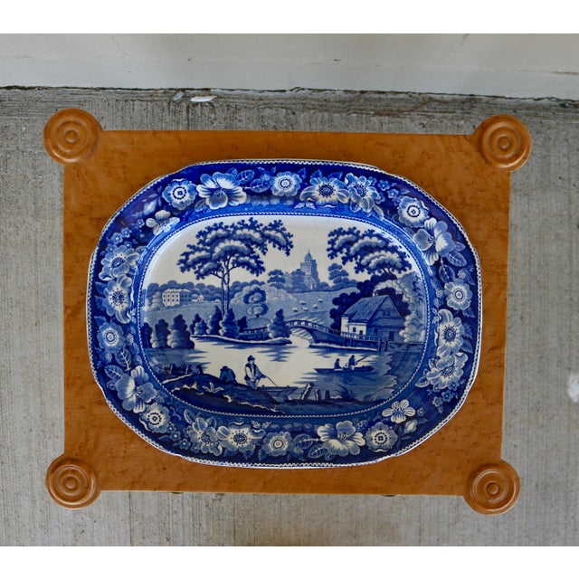 1980s 1984 Handcrafted One Drawer Bird’s Eye Maple Display Stand With Blue and White Platter For Sale - Image 5 of 18