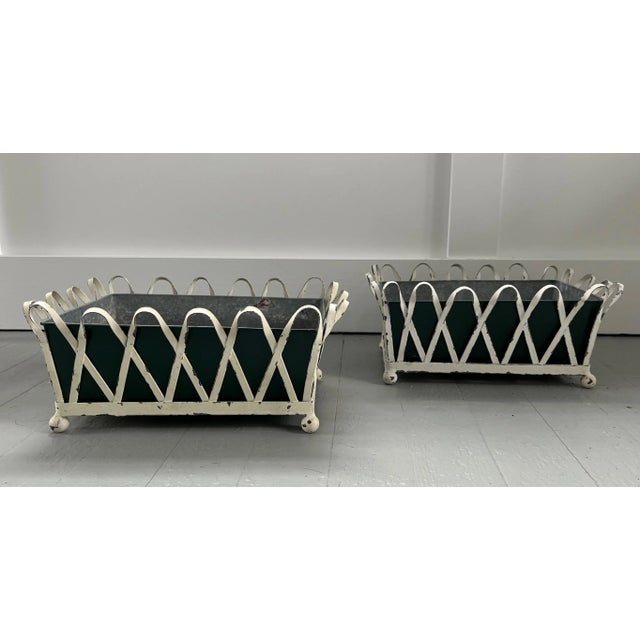 1930's White Painted Zinc Cachepot Planters or Jardinieres With Green Tole Liners on Ball Feet - a Pair For Sale - Image 12 of 13